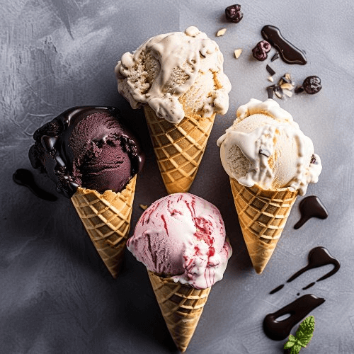 Cuatro sabores diferentes de helado en conos de waffle, dispuestos en forma de diamante.